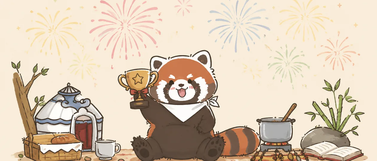 栗栗熊捧奖杯庆祝完成四节课