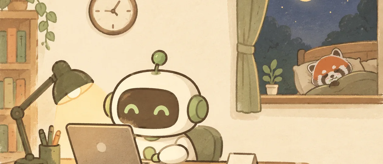 夜里的办公室:小机器人独自在台灯下上班,桌角放着一张便条,窗外远处的栗栗熊在月亮下睡觉